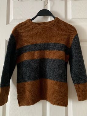 Kids Brown and Dark Gray Striped Crewneck Sweater, size 8